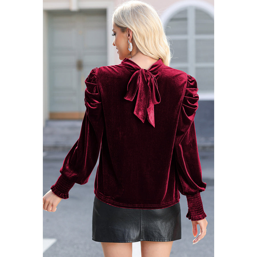 Mock Neck Puff Sleeve Velvet Blouse Deep Red / S Apparel and Accessories