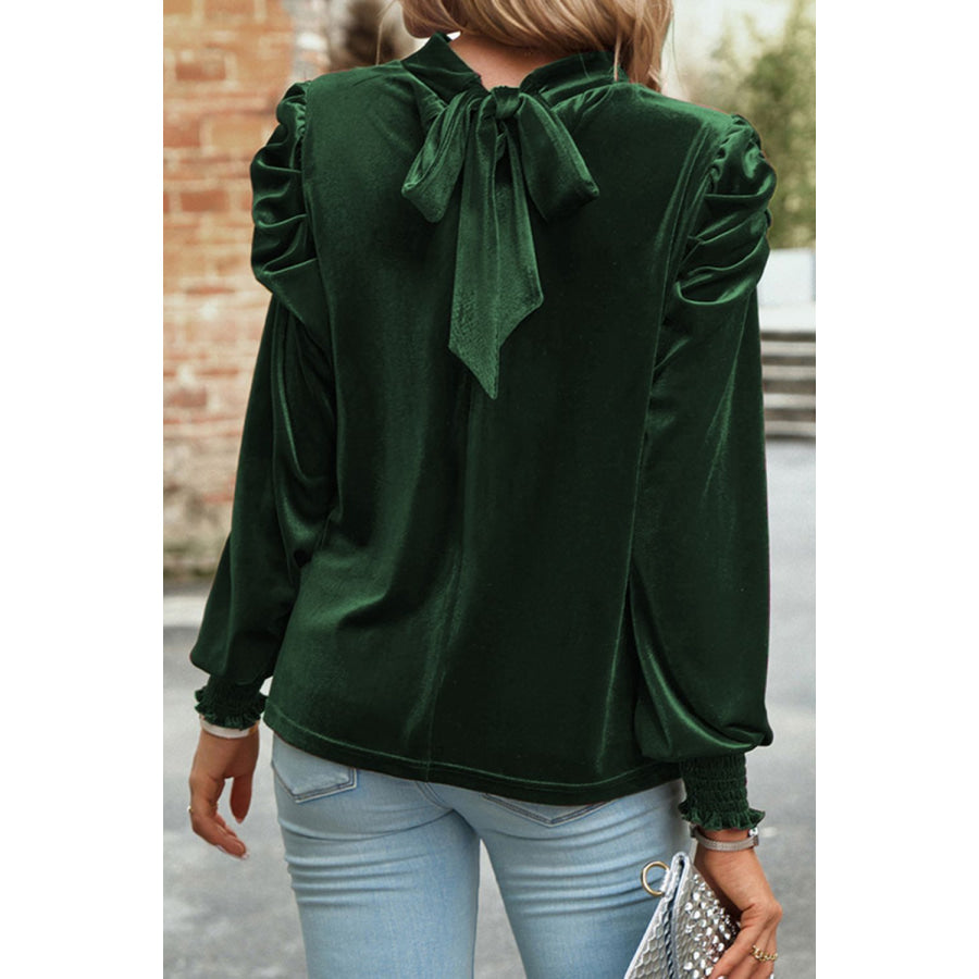 Mock Neck Puff Sleeve Velvet Blouse Apparel and Accessories