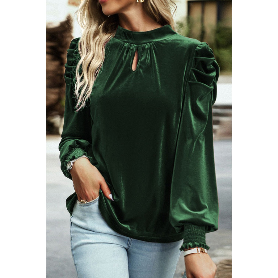 Mock Neck Puff Sleeve Velvet Blouse Dark Green / S Apparel and Accessories