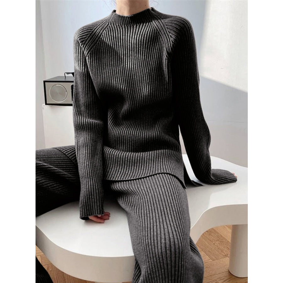 Mock Neck Raglan Sleeve Top and Pants Sweater Set Apparel and Accessories