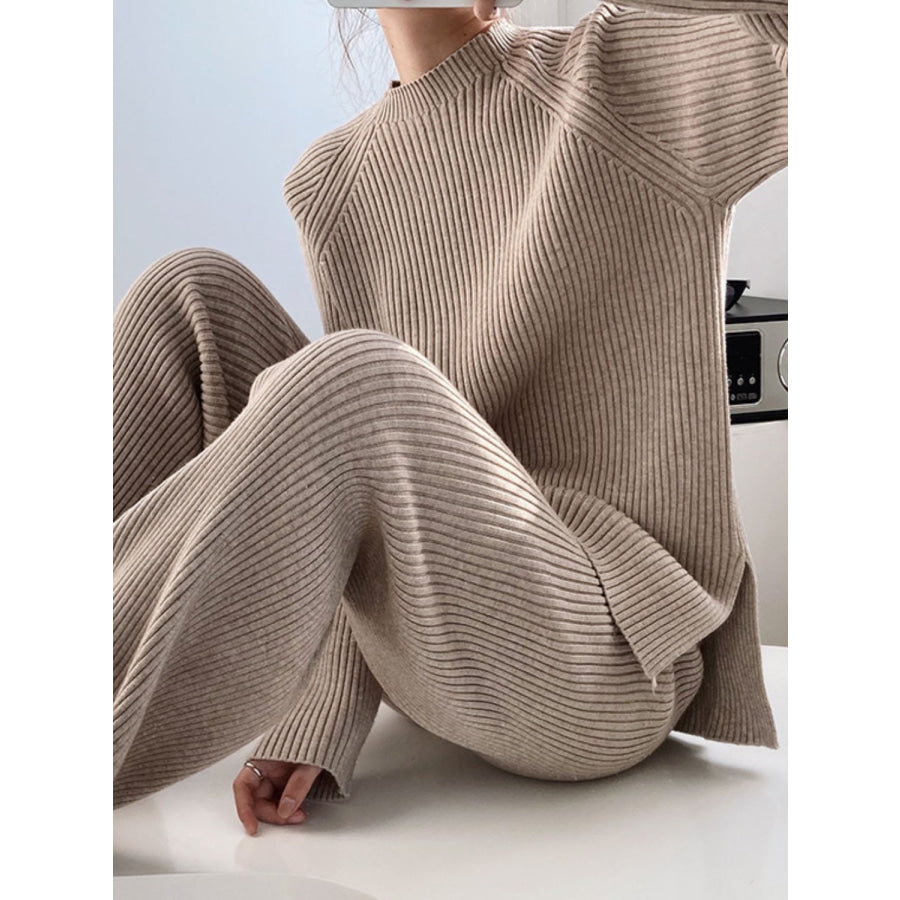 Mock Neck Raglan Sleeve Top and Pants Sweater Set Apparel and Accessories