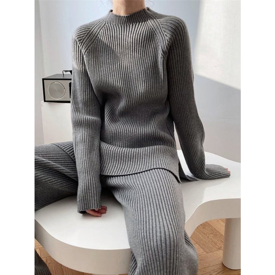 Mock Neck Raglan Sleeve Top and Pants Sweater Set Apparel and Accessories