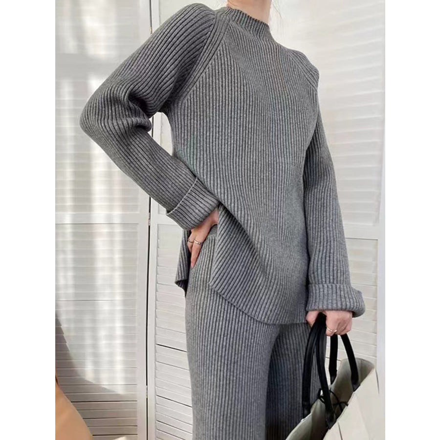 Mock Neck Raglan Sleeve Top and Pants Sweater Set Dark Gray / One Size Apparel and Accessories