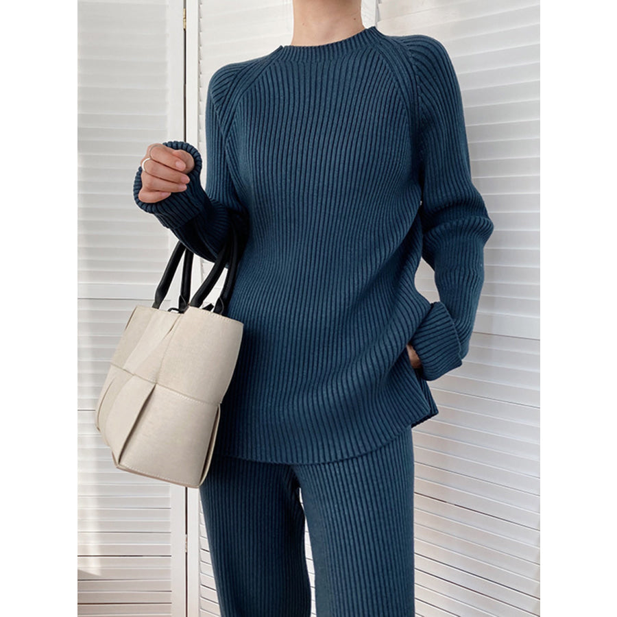 Mock Neck Raglan Sleeve Top and Pants Sweater Set French Blue / One Size Apparel and Accessories