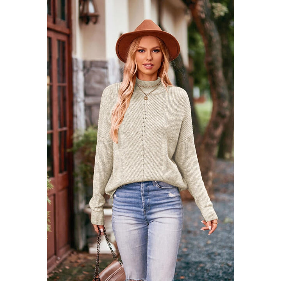 Mock Neck Rib-Knit Sweater Cream / S Clothing