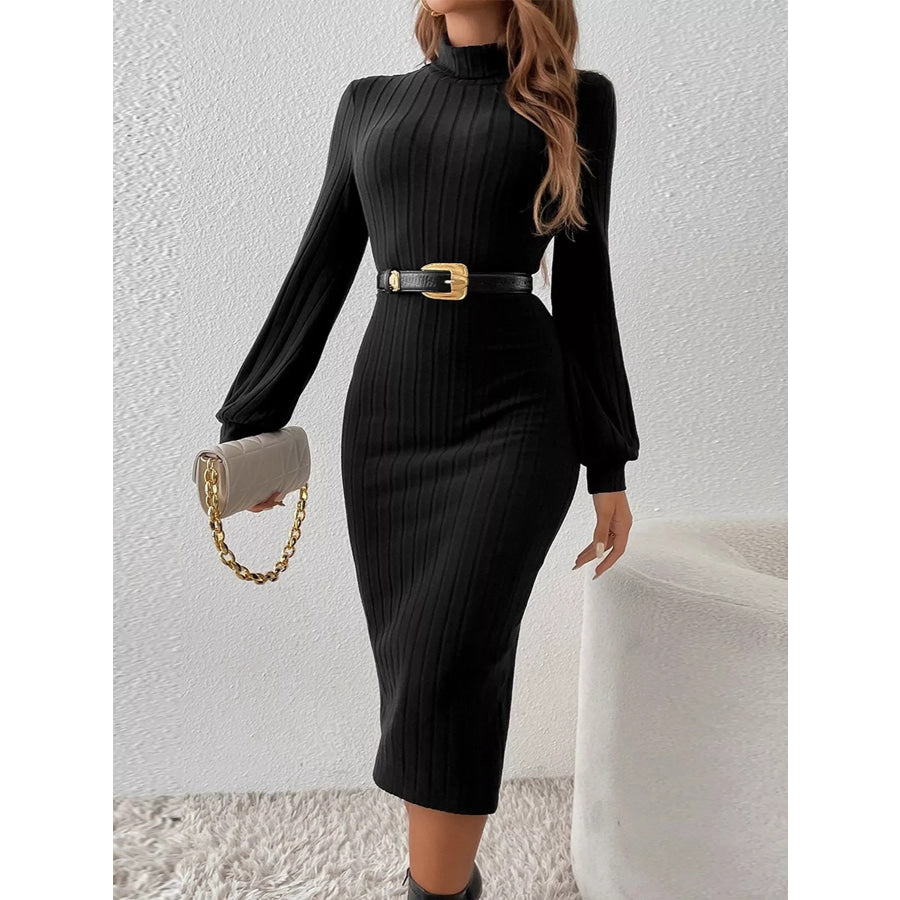 Mock Neck Ribbed Knit Bodycon Midi Dress Apparel and Accessories