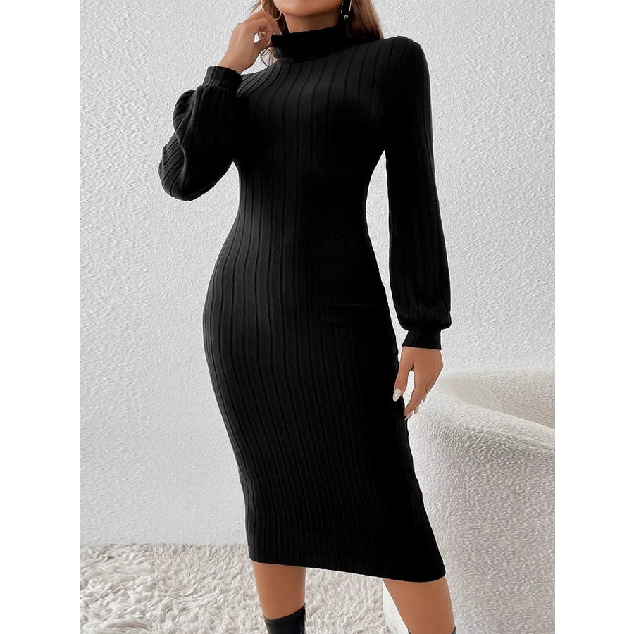 Mock Neck Ribbed Knit Bodycon Midi Dress Apparel and Accessories