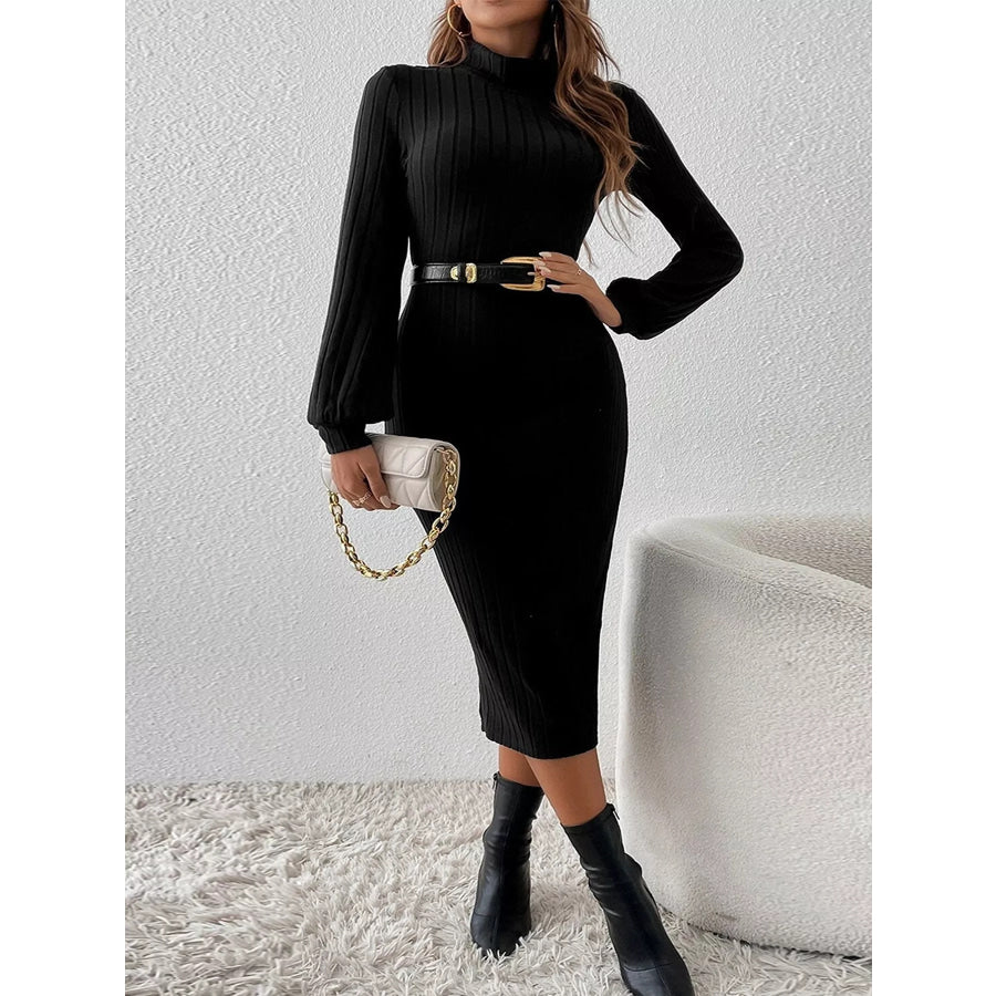 Mock Neck Ribbed Knit Bodycon Midi Dress Black / S Apparel and Accessories