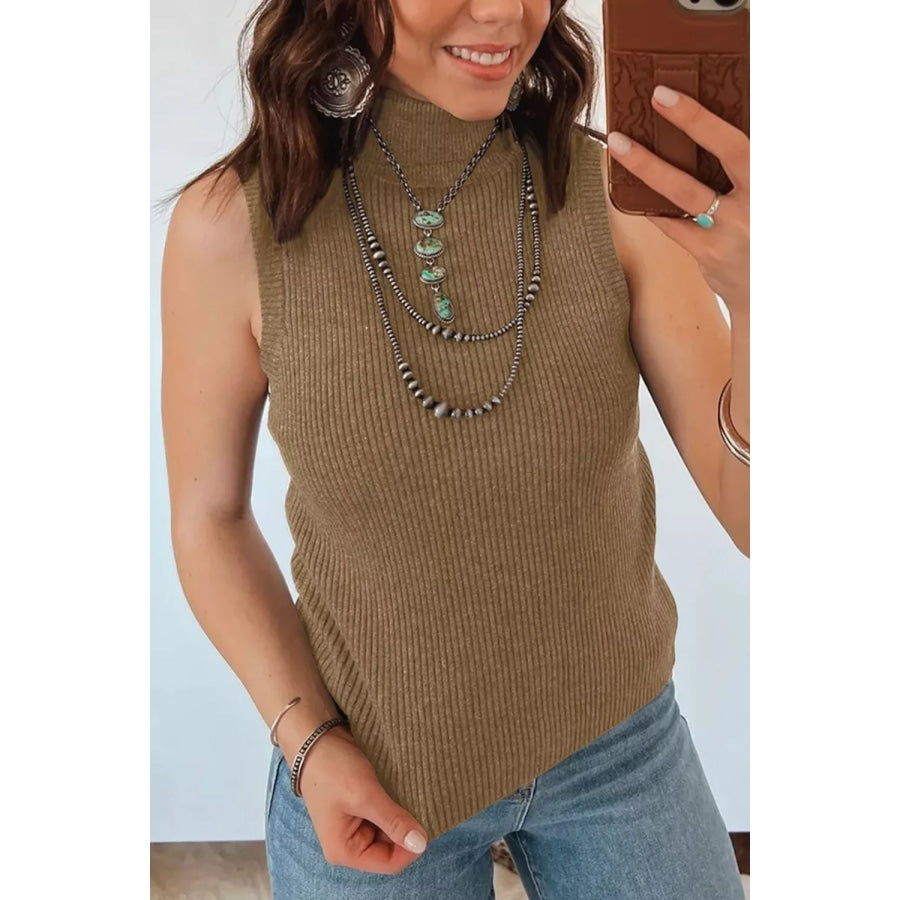 Mock Neck Ribbed Knit Sweater Vest Apparel and Accessories