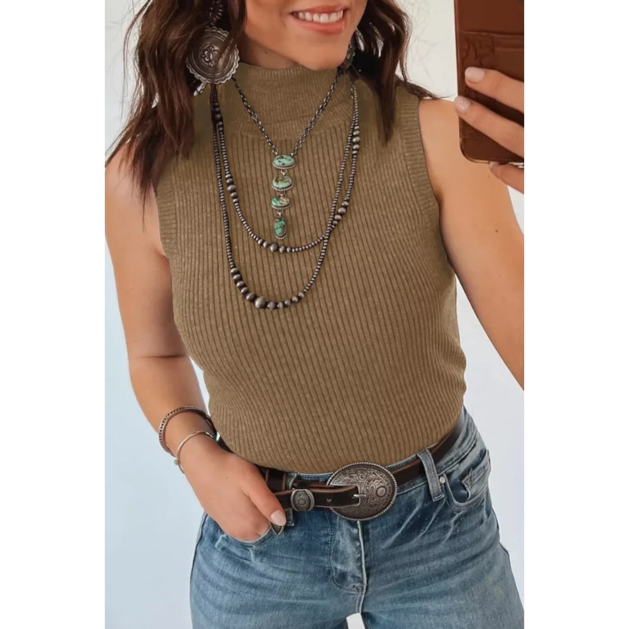 Mock Neck Ribbed Knit Sweater Vest Mocha / S Apparel and Accessories