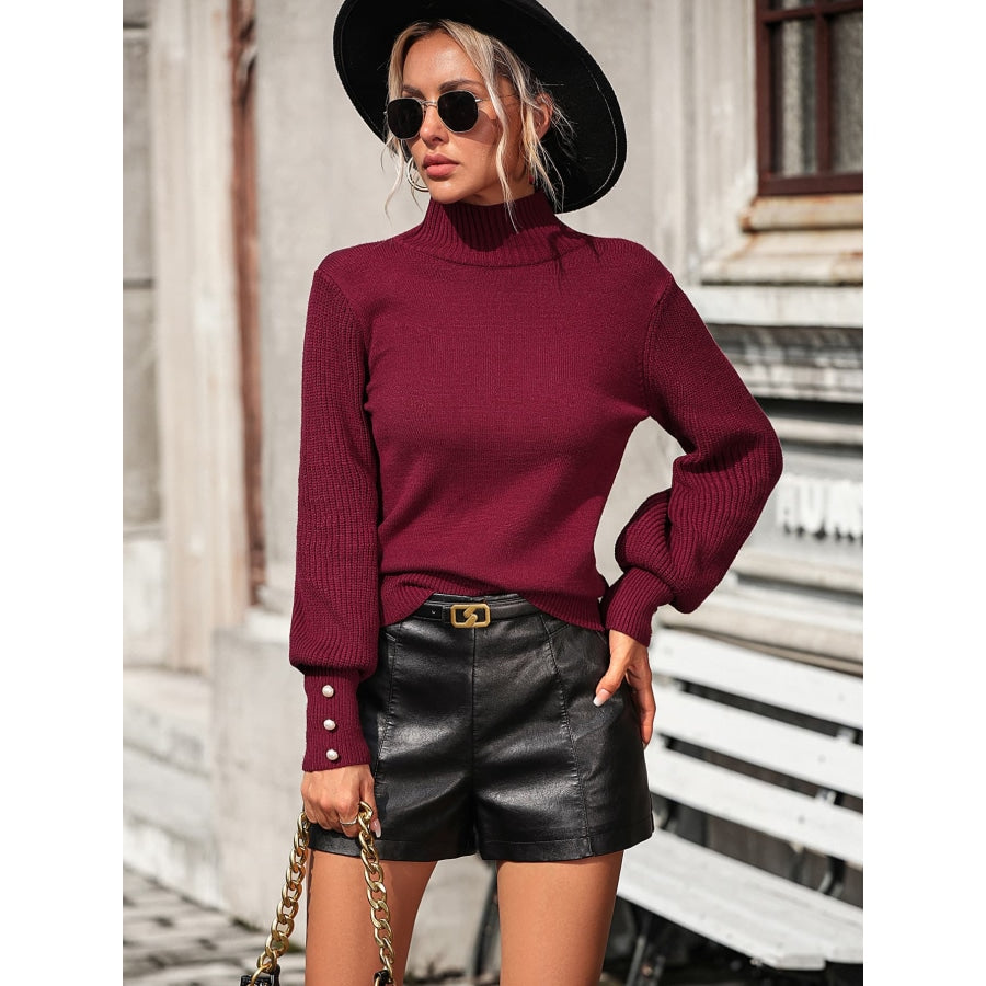 Mock Neck Ribbed Lantern Sleeve Pullover Sweater Wine / S