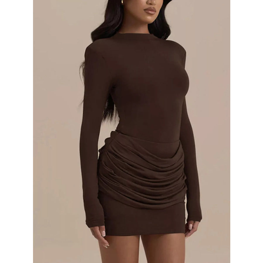 Mock Neck Ruched Bodycon Mini Dress Coffee Brown / S Apparel and Accessories