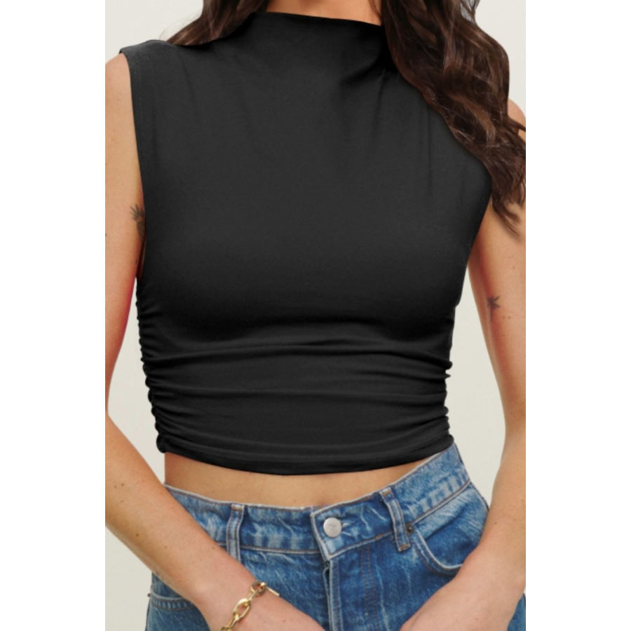 Mock Neck Ruched Cropped Tank