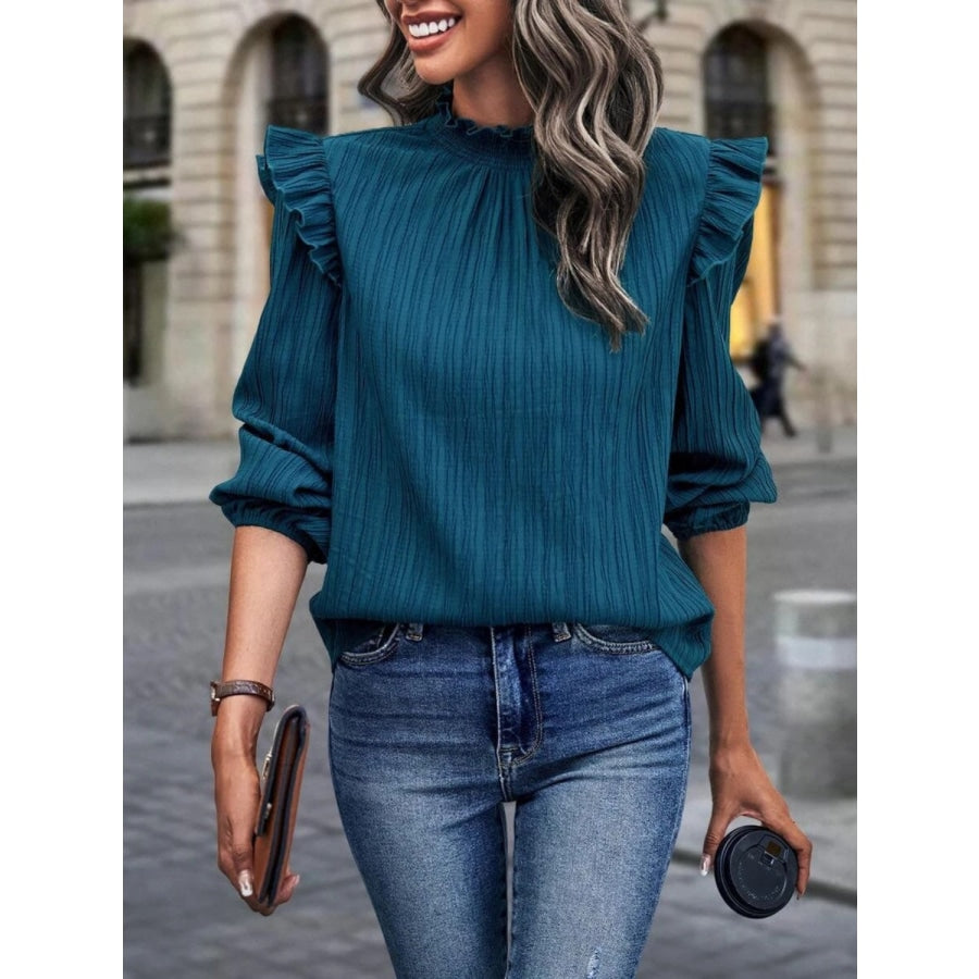 Mock Neck Ruffle Shoulder Blouse Peacock Blue / S