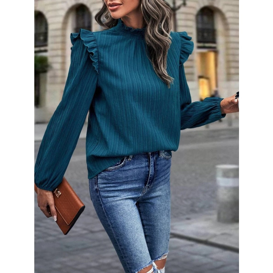 Mock Neck Ruffle Shoulder Blouse