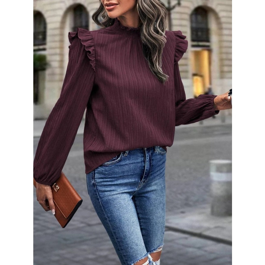 Mock Neck Ruffle Shoulder Blouse