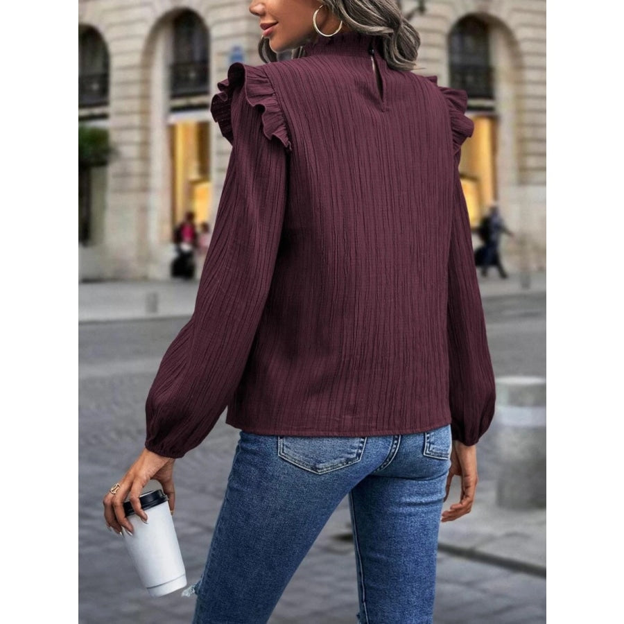 Mock Neck Ruffle Shoulder Blouse Wine / S