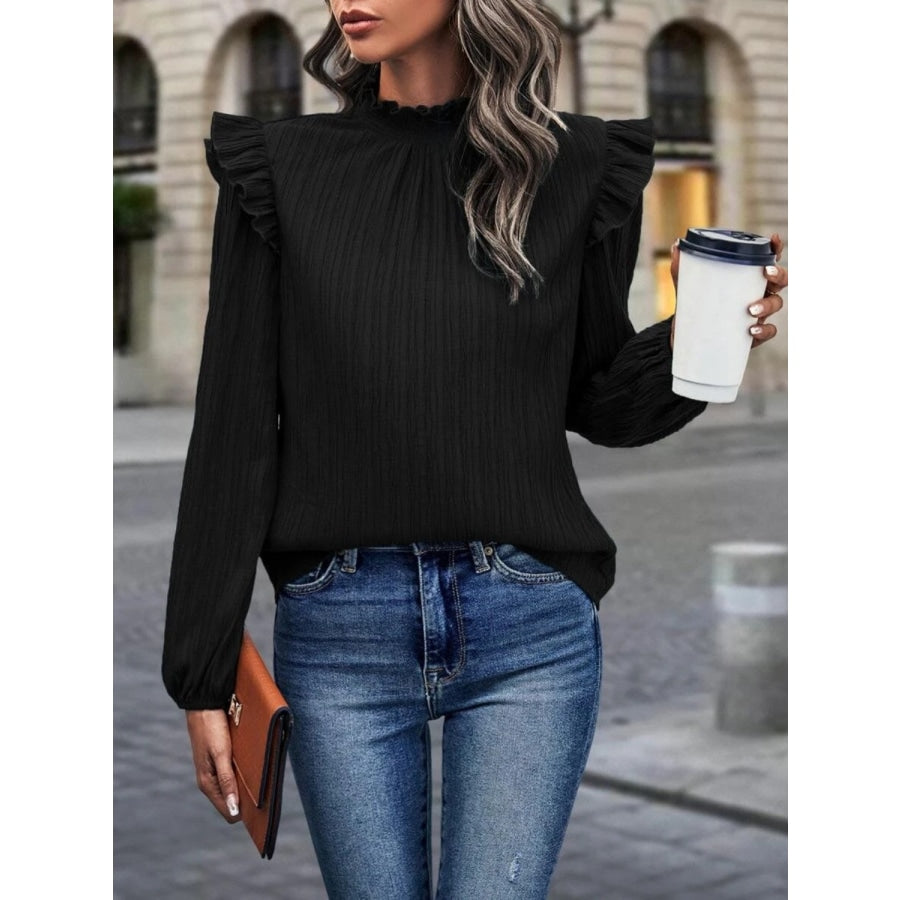 Mock Neck Ruffle Shoulder Blouse