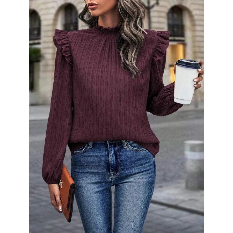 Mock Neck Ruffle Shoulder Blouse