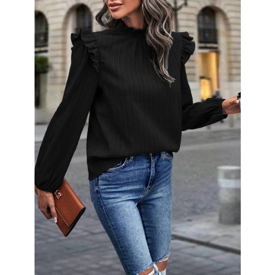 Mock Neck Ruffle Shoulder Blouse