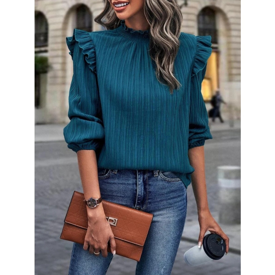 Mock Neck Ruffle Shoulder Blouse