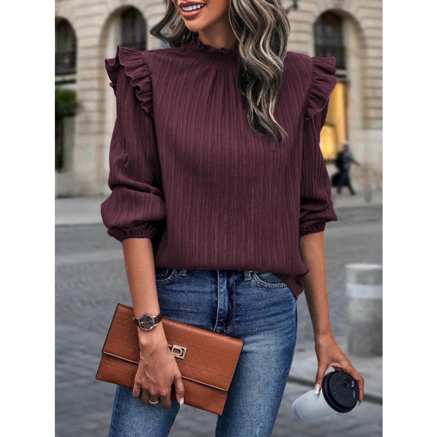 Mock Neck Ruffle Shoulder Blouse Wine / S