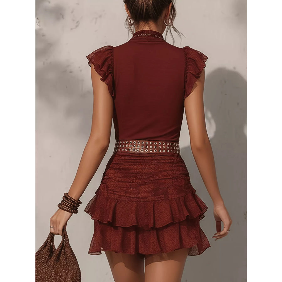 Mock Neck Ruffle Sleeve Top and Ruched Skirt Set Apparel Accessories