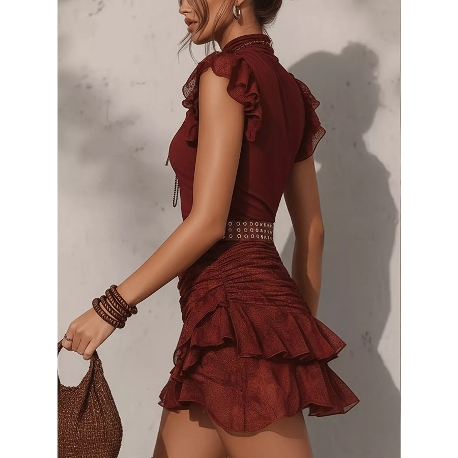 Mock Neck Ruffle Sleeve Top and Ruched Skirt Set Red / S Apparel Accessories