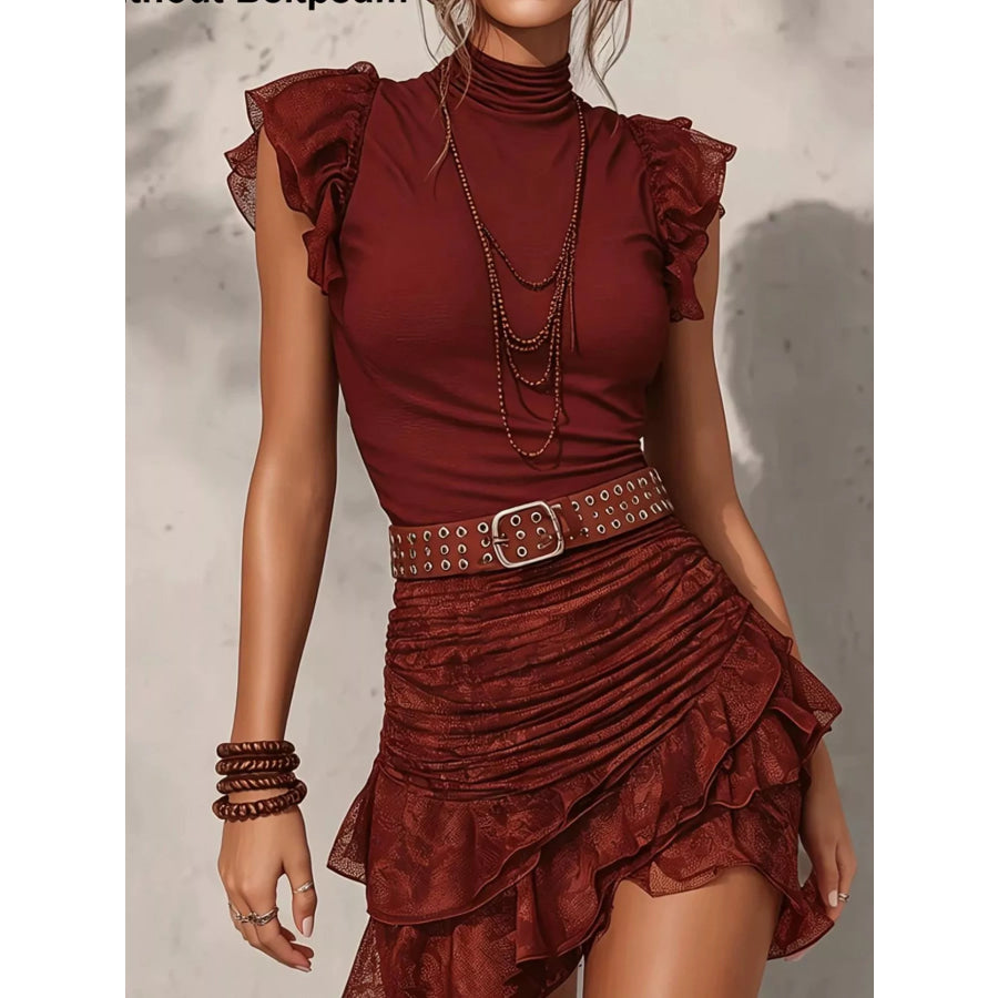 Mock Neck Ruffle Sleeve Top and Ruched Skirt Set Red / S Apparel Accessories