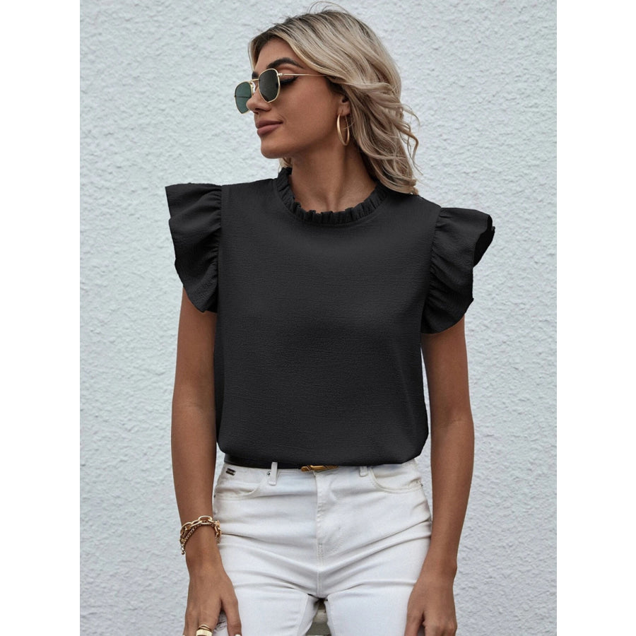 Mock Neck Ruffled Cap Sleeve Blouse Apparel and Accessories