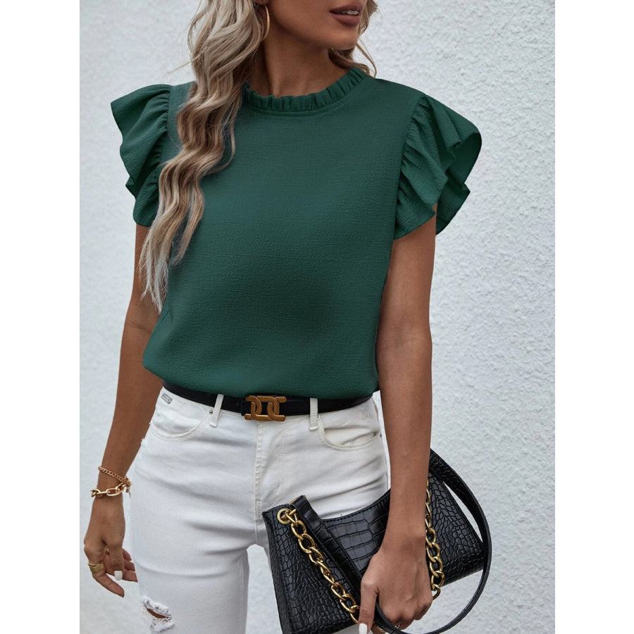 Mock Neck Ruffled Cap Sleeve Blouse Apparel and Accessories