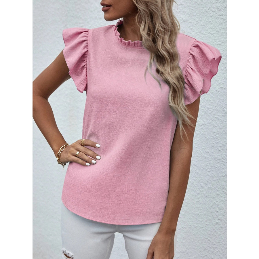 Mock Neck Ruffled Cap Sleeve Blouse Apparel and Accessories