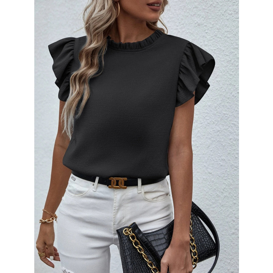 Mock Neck Ruffled Cap Sleeve Blouse Apparel and Accessories