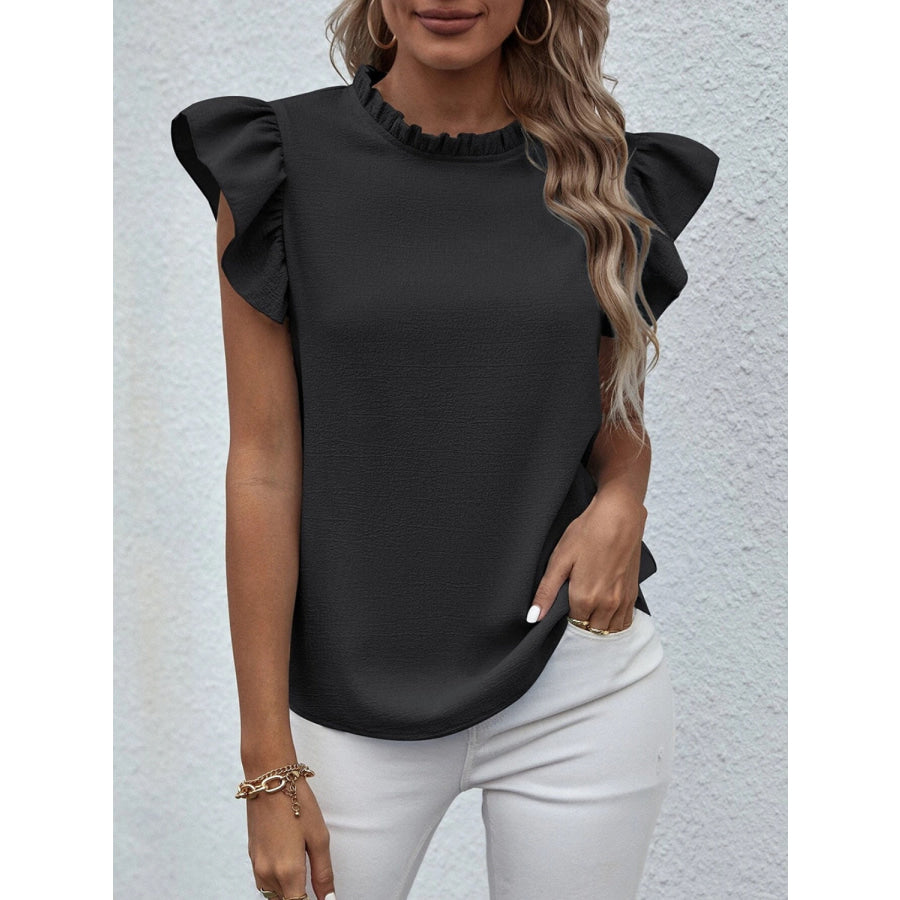 Mock Neck Ruffled Cap Sleeve Blouse Black / S Apparel and Accessories