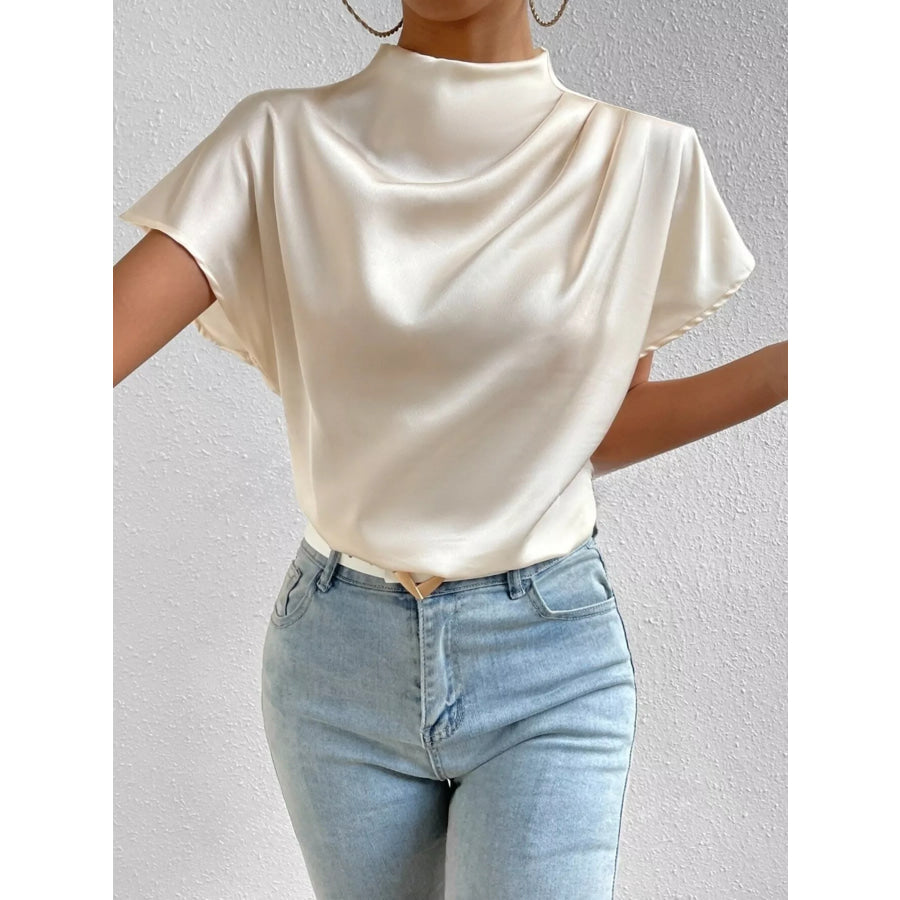 Mock Neck Satin Blouse Beige / S Apparel and Accessories