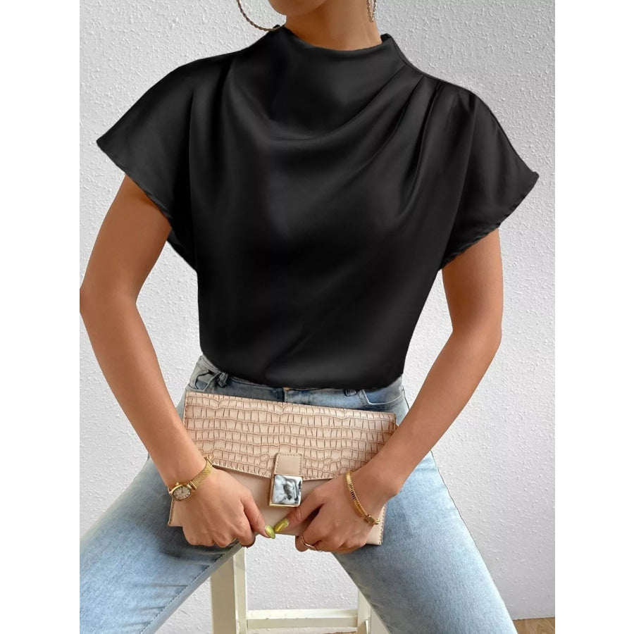 Mock Neck Satin Blouse Black / S Apparel and Accessories