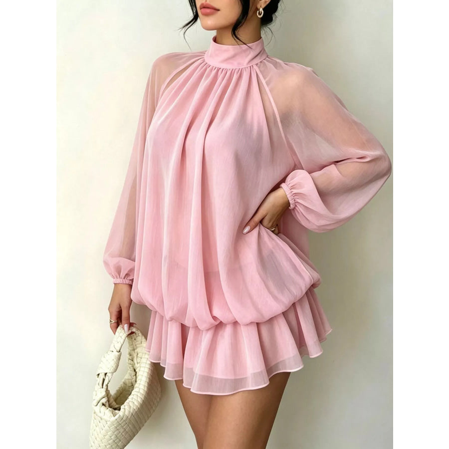 Mock Neck Sheer Chiffon Mini Dress Apparel and Accessories