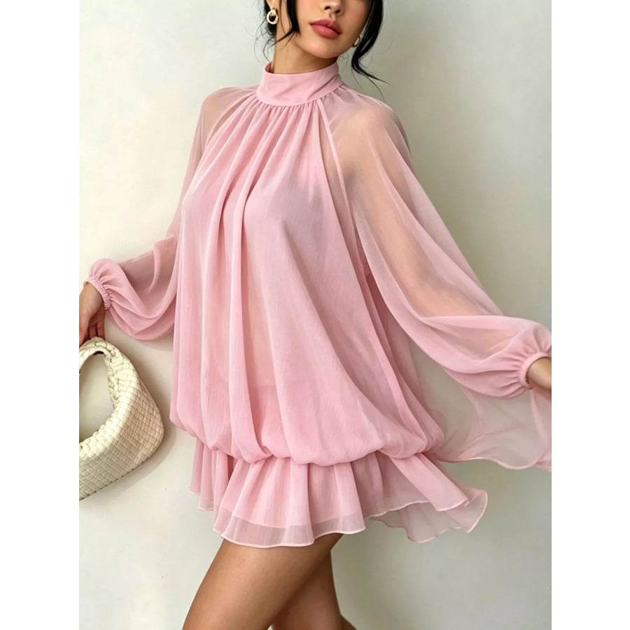 Mock Neck Sheer Chiffon Mini Dress Apparel and Accessories