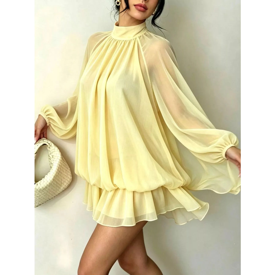 Mock Neck Sheer Chiffon Mini Dress Pastel Yellow / XS Apparel and Accessories