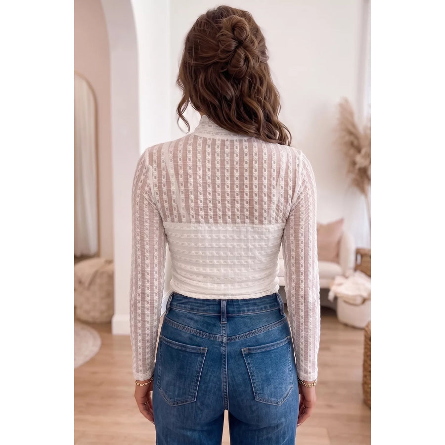 Mock Neck Sheer Lace Long Sleeve Blouse Apparel and Accessories