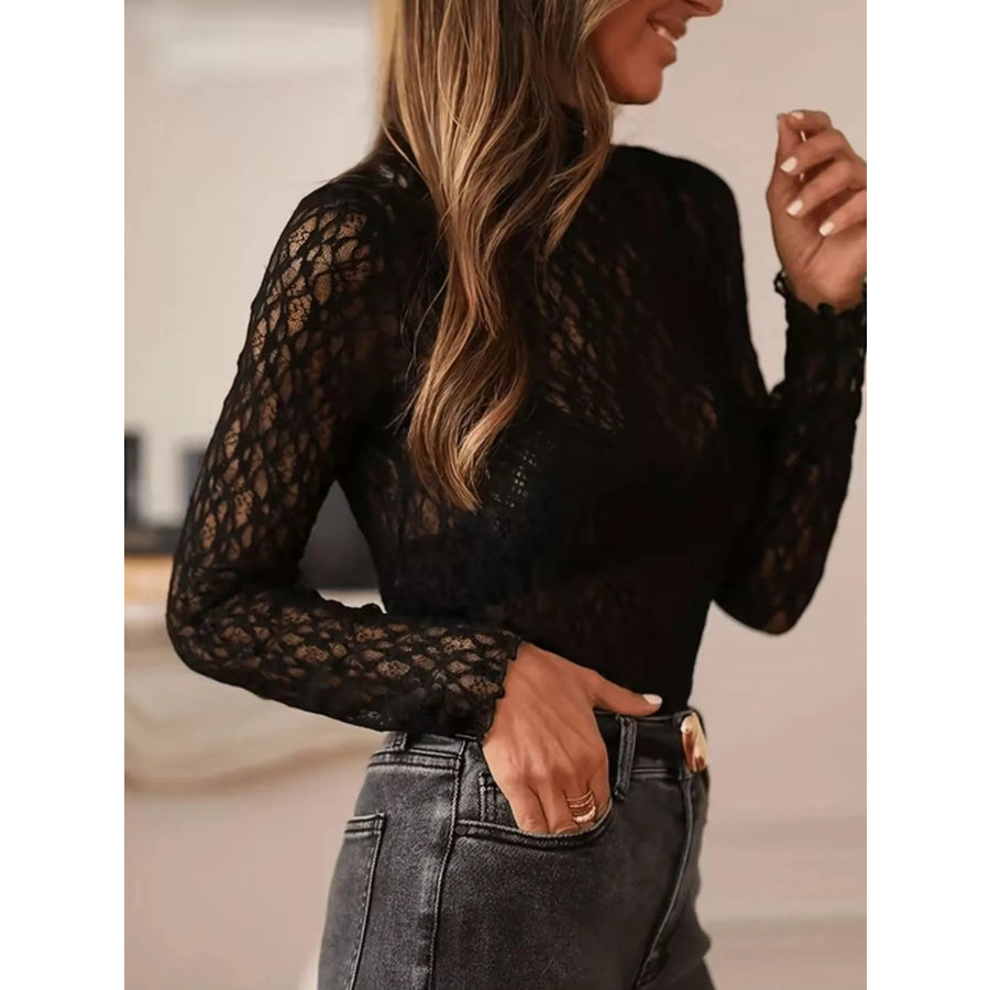 Mock Neck Sheer Lace Long Sleeve Top Apparel and Accessories