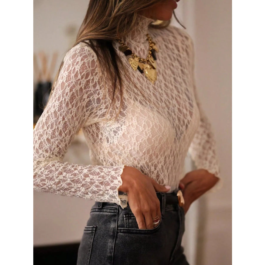 Mock Neck Sheer Lace Long Sleeve Top Apparel and Accessories