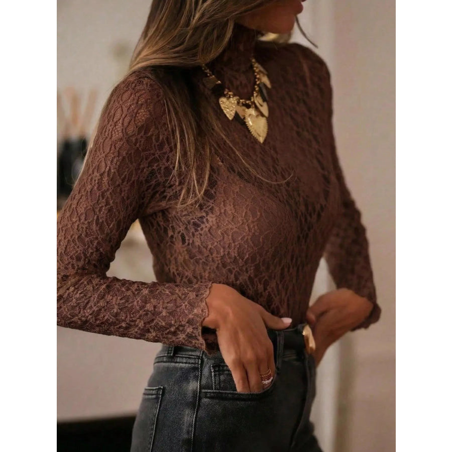 Mock Neck Sheer Lace Long Sleeve Top Apparel and Accessories