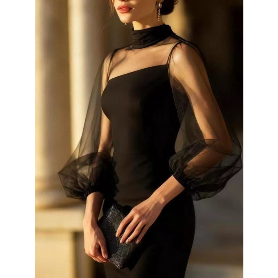 Mock Neck Sheer Puff Sleeve Bodycon Dress Apparel and Accessories