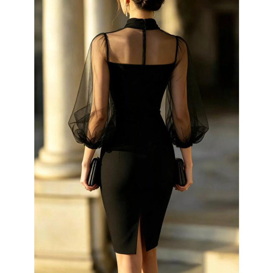 Mock Neck Sheer Puff Sleeve Bodycon Dress Apparel and Accessories