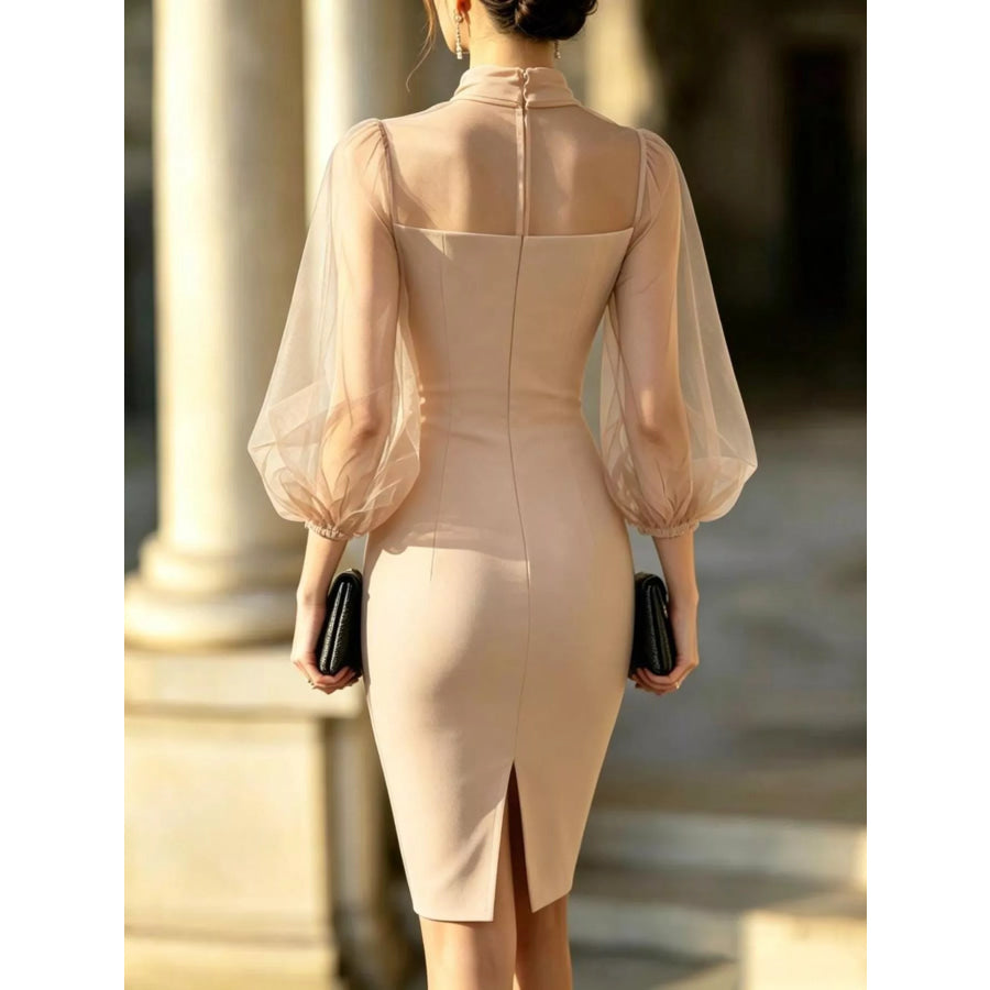 Mock Neck Sheer Puff Sleeve Bodycon Dress Apparel and Accessories