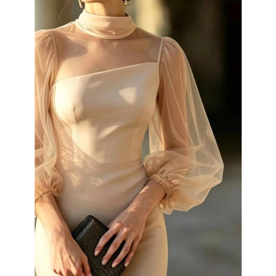 Mock Neck Sheer Puff Sleeve Bodycon Dress Apparel and Accessories
