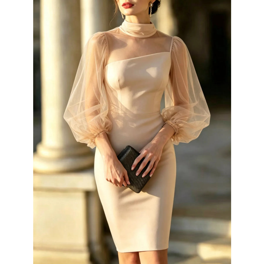 Mock Neck Sheer Puff Sleeve Bodycon Dress Beige / S Apparel and Accessories