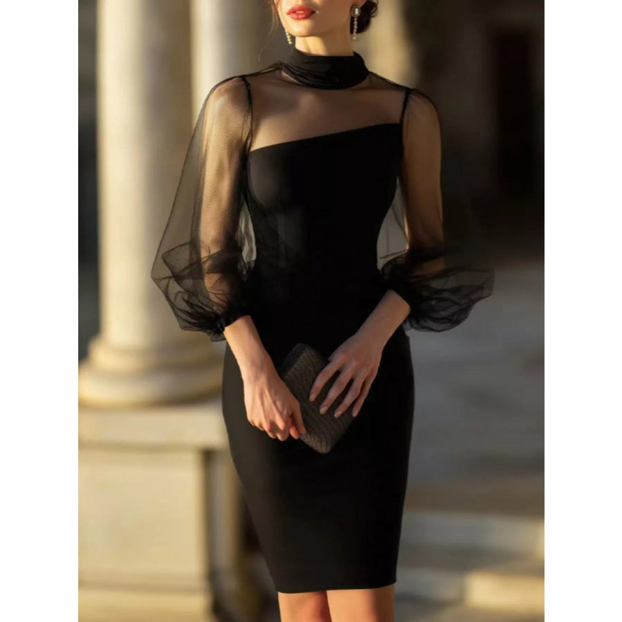 Mock Neck Sheer Puff Sleeve Bodycon Dress Black / S Apparel and Accessories
