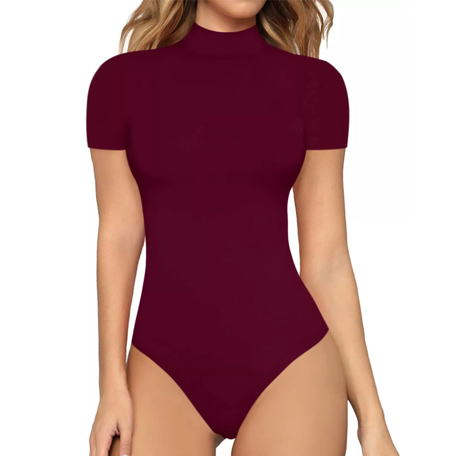 Mock Neck Short Sleeve Bodysuit Burgundy / S Apparel and Accessories